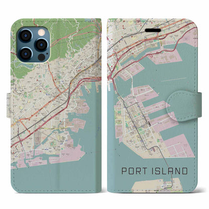 【ポートアイランド（兵庫県）】地図柄iPhoneケース（手帳タイプ）ナチュラル・iPhone 12 / 12 Pro 用