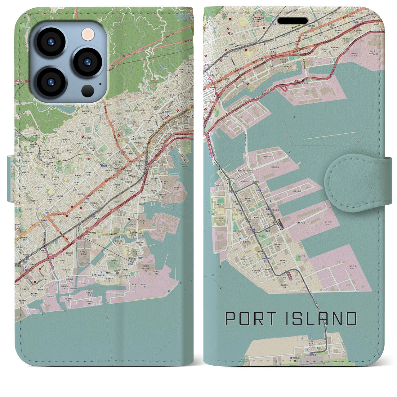 【ポートアイランド】地図柄iPhoneケース（手帳両面タイプ・ナチュラル）iPhone 13 Pro Max 用