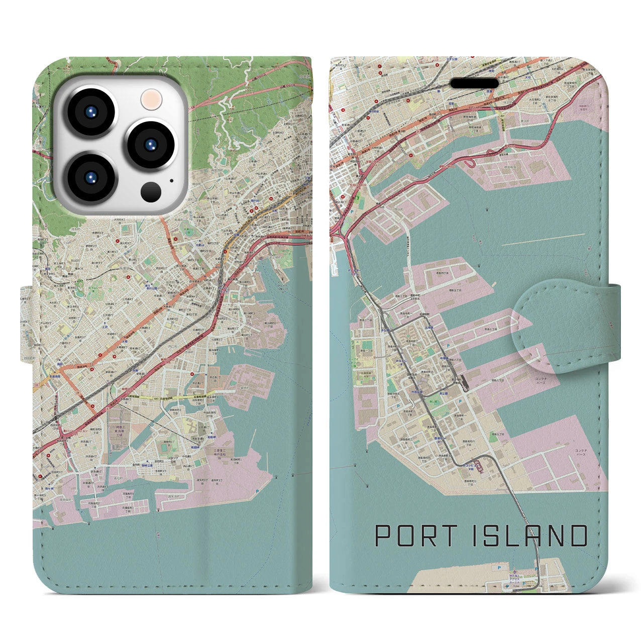 【ポートアイランド】地図柄iPhoneケース（手帳両面タイプ・ナチュラル）iPhone 13 Pro 用