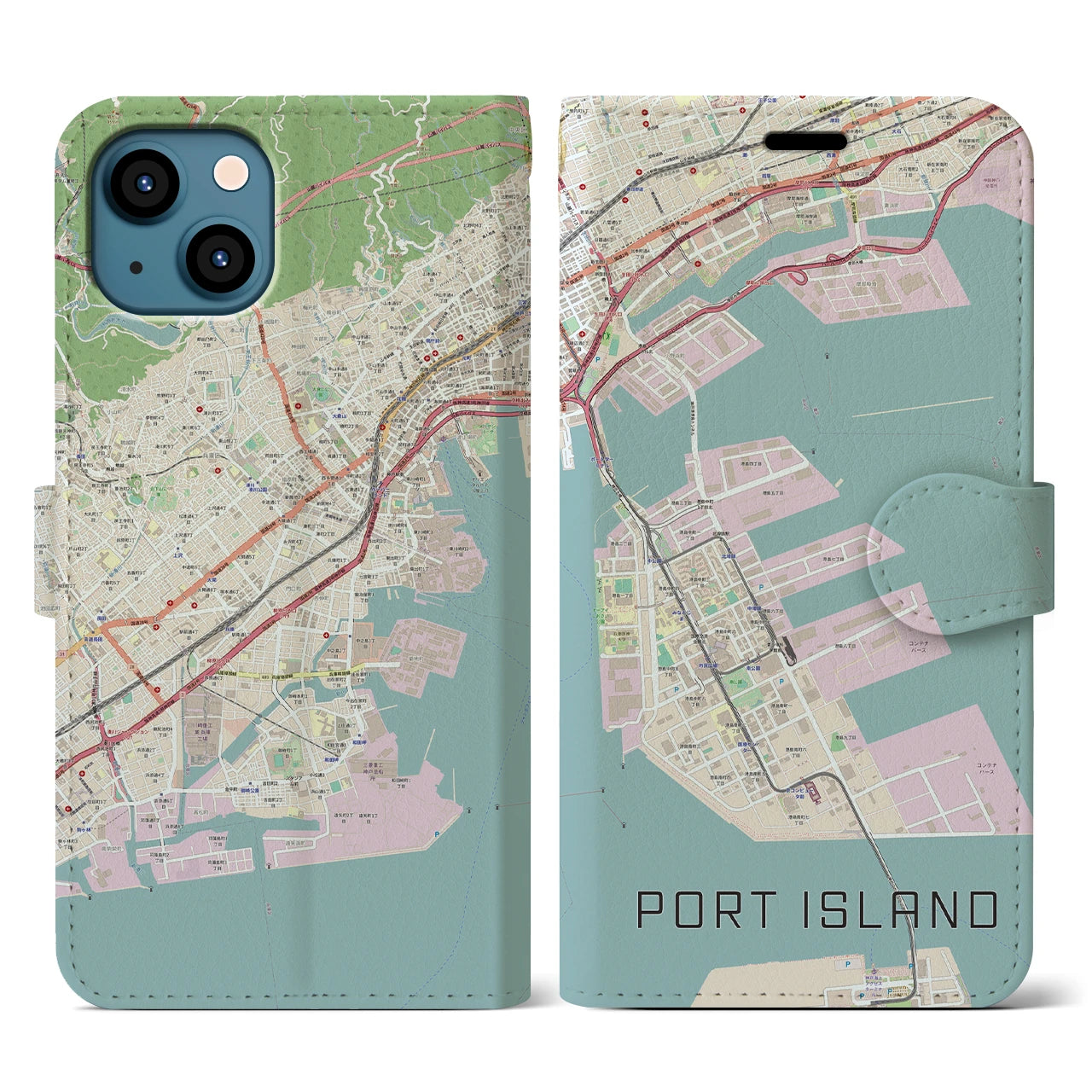 【ポートアイランド】地図柄iPhoneケース（手帳両面タイプ・ナチュラル）iPhone 13 用