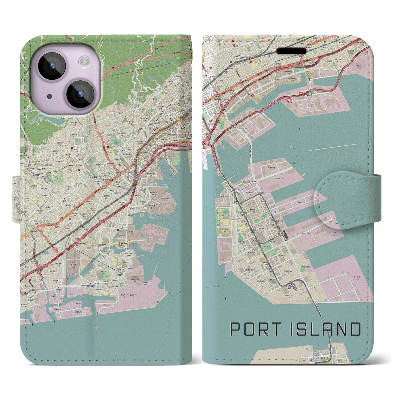 【ポートアイランド】地図柄iPhoneケース（手帳両面タイプ・ナチュラル）iPhone 14 用