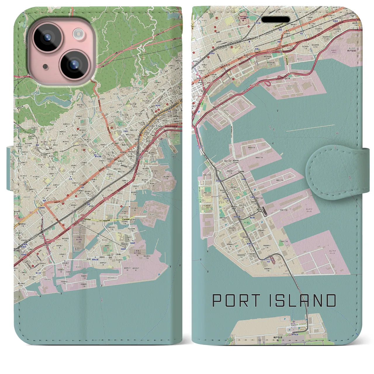 【ポートアイランド】地図柄iPhoneケース（手帳両面タイプ・ナチュラル）iPhone 15 Plus 用