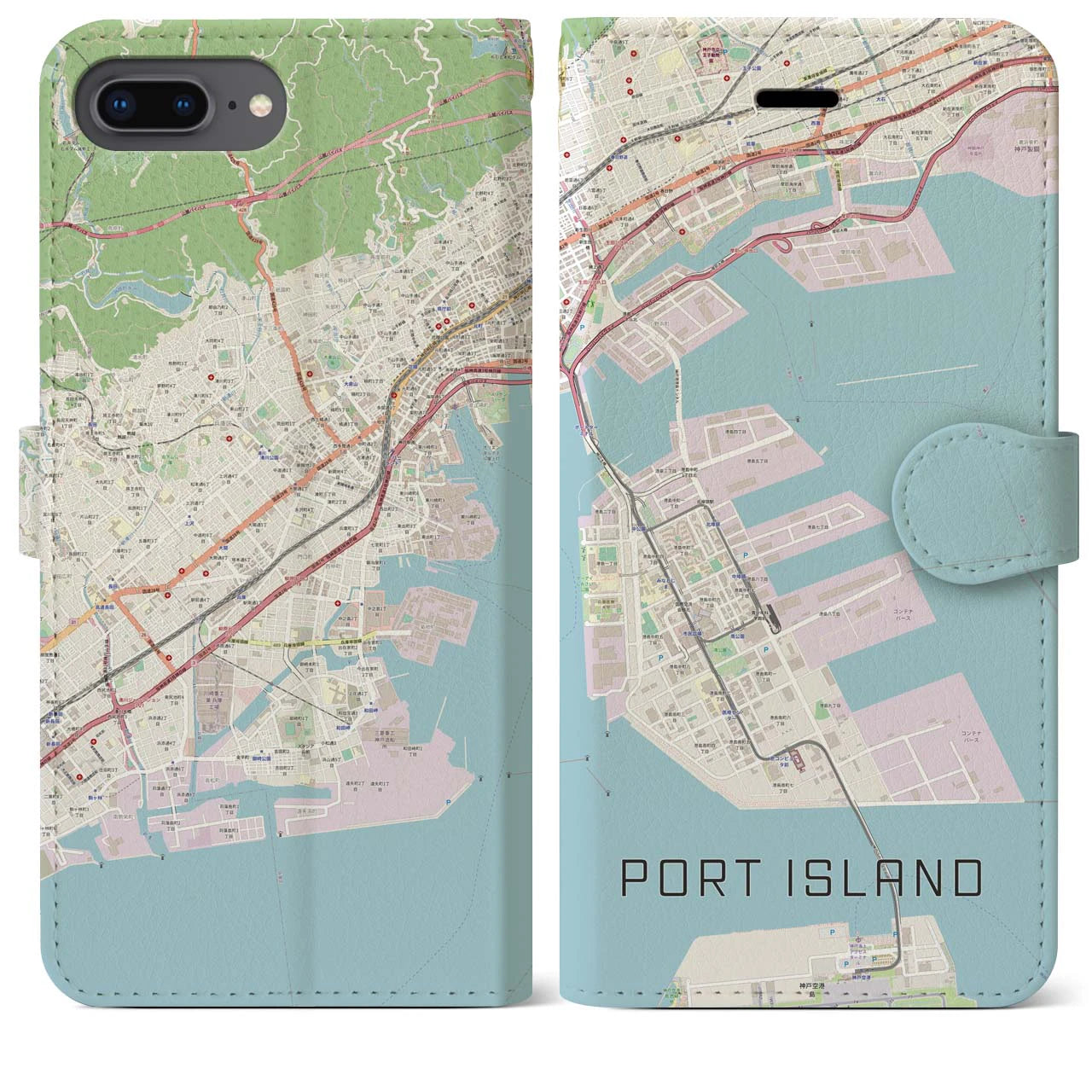 【ポートアイランド】地図柄iPhoneケース（手帳両面タイプ・ナチュラル）iPhone 8Plus /7Plus / 6sPlus / 6Plus 用