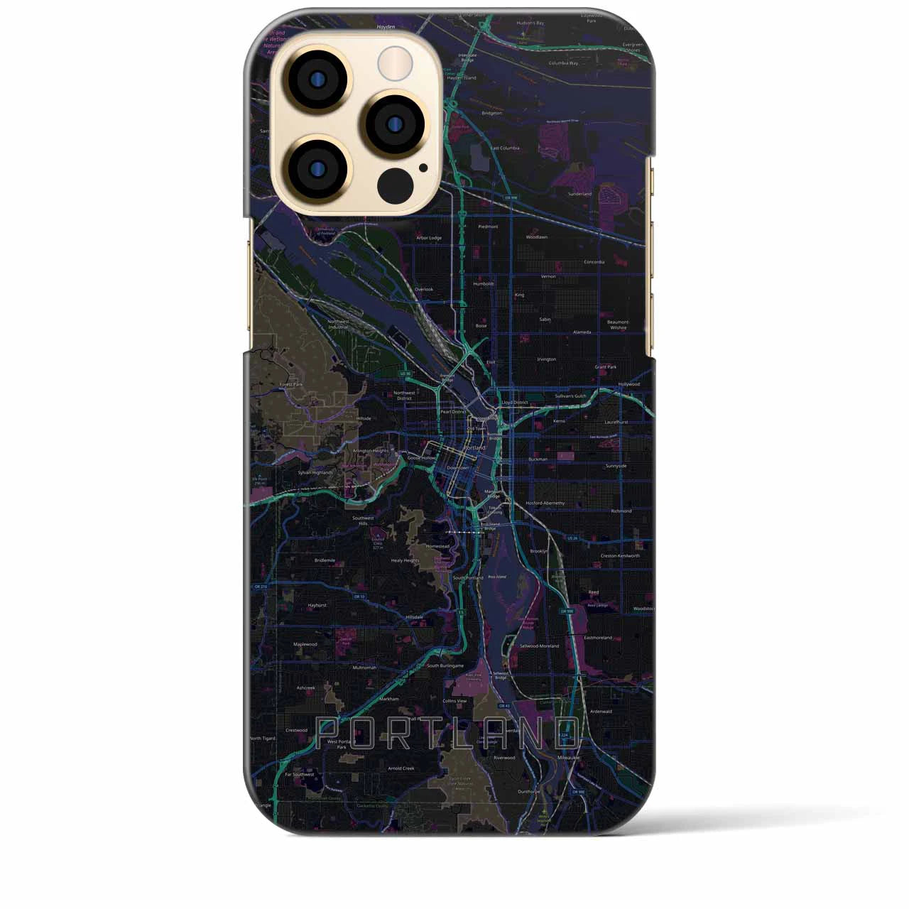 【ポートランド】地図柄iPhoneケース（バックカバータイプ・ブラック）iPhone 12 Pro Max 用
