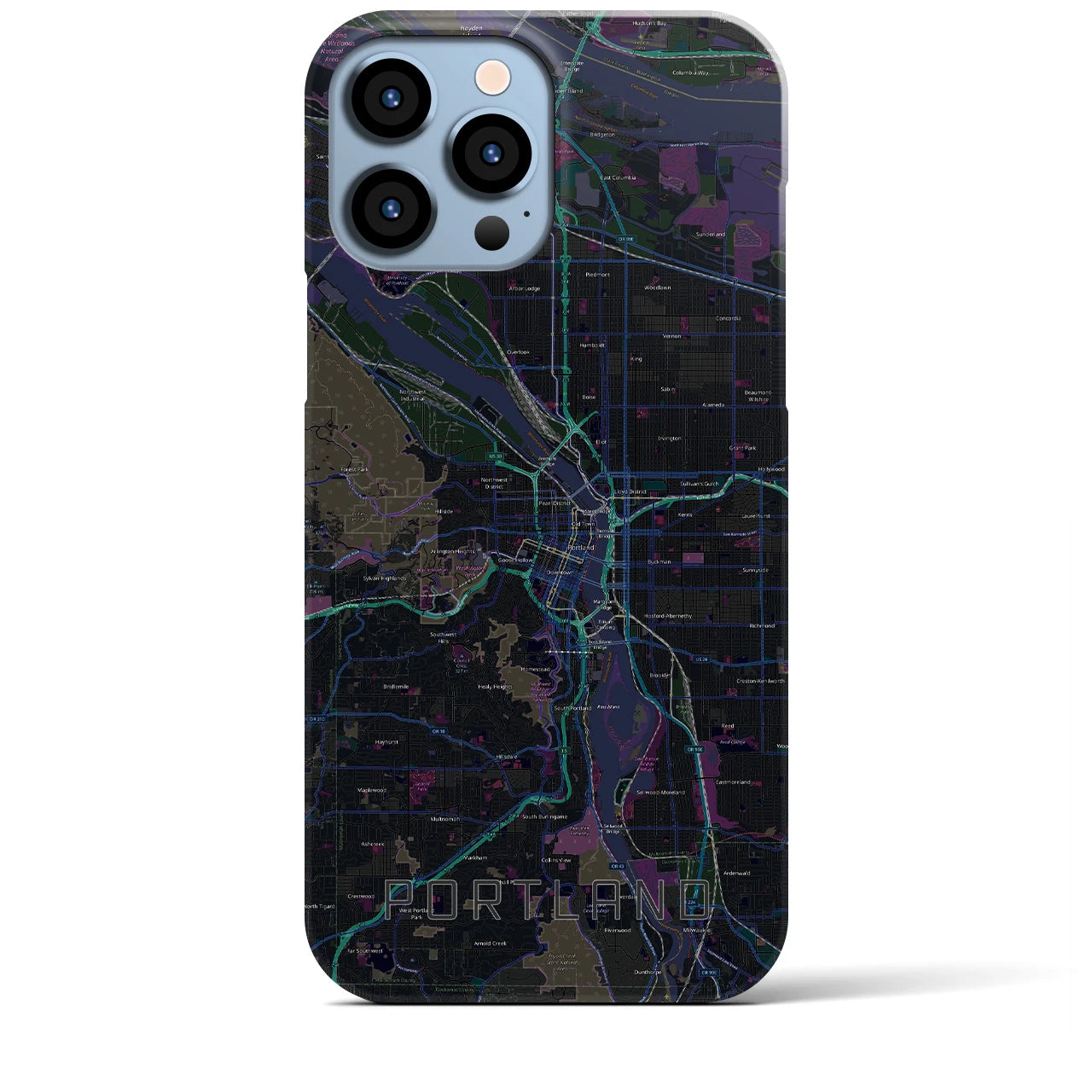 【ポートランド】地図柄iPhoneケース（バックカバータイプ・ブラック）iPhone 13 Pro Max 用