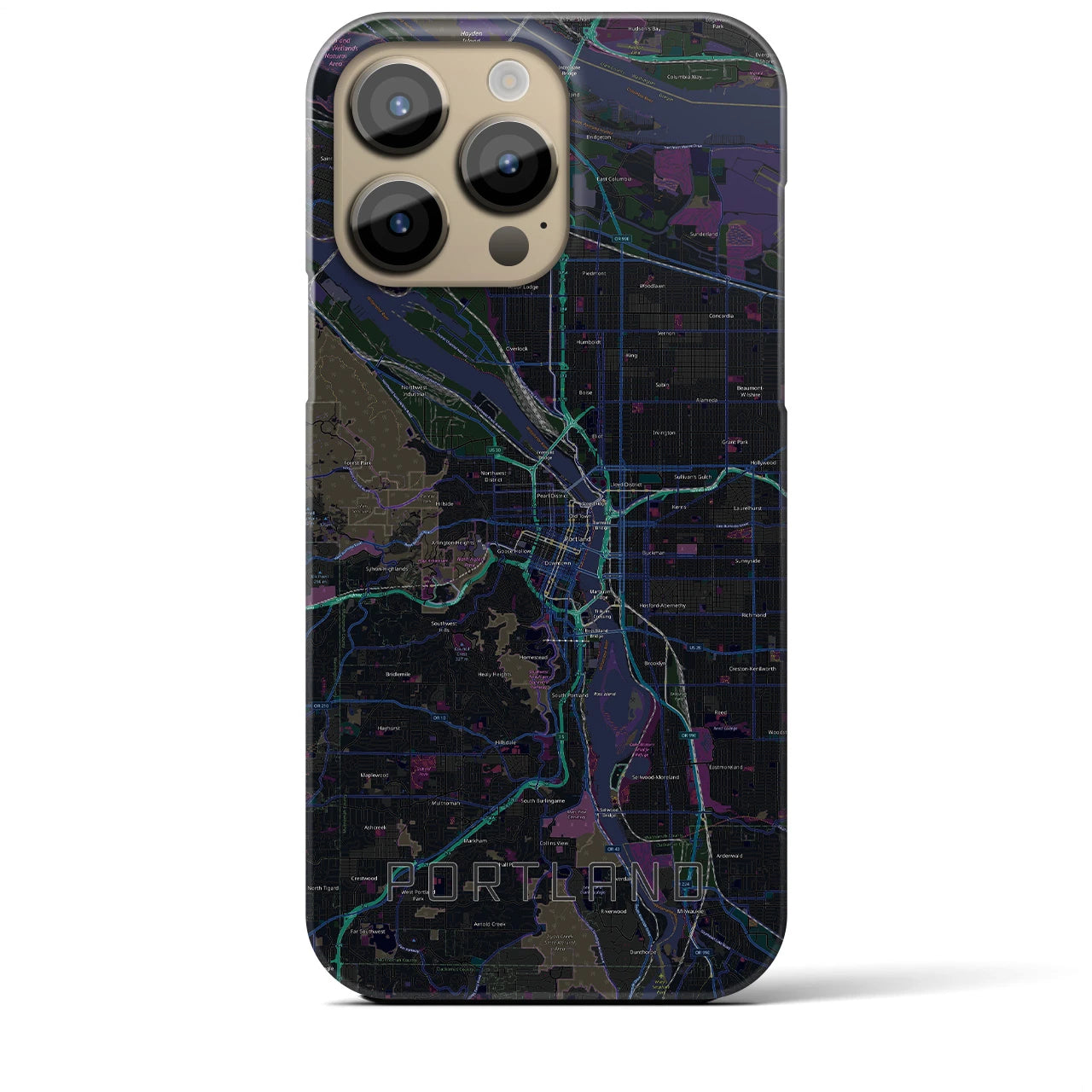 【ポートランド】地図柄iPhoneケース（バックカバータイプ・ブラック）iPhone 14 Pro Max 用