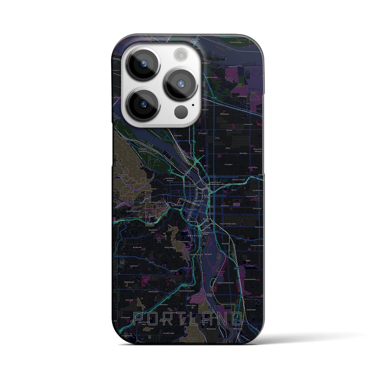 【ポートランド】地図柄iPhoneケース（バックカバータイプ・ブラック）iPhone 14 Pro 用