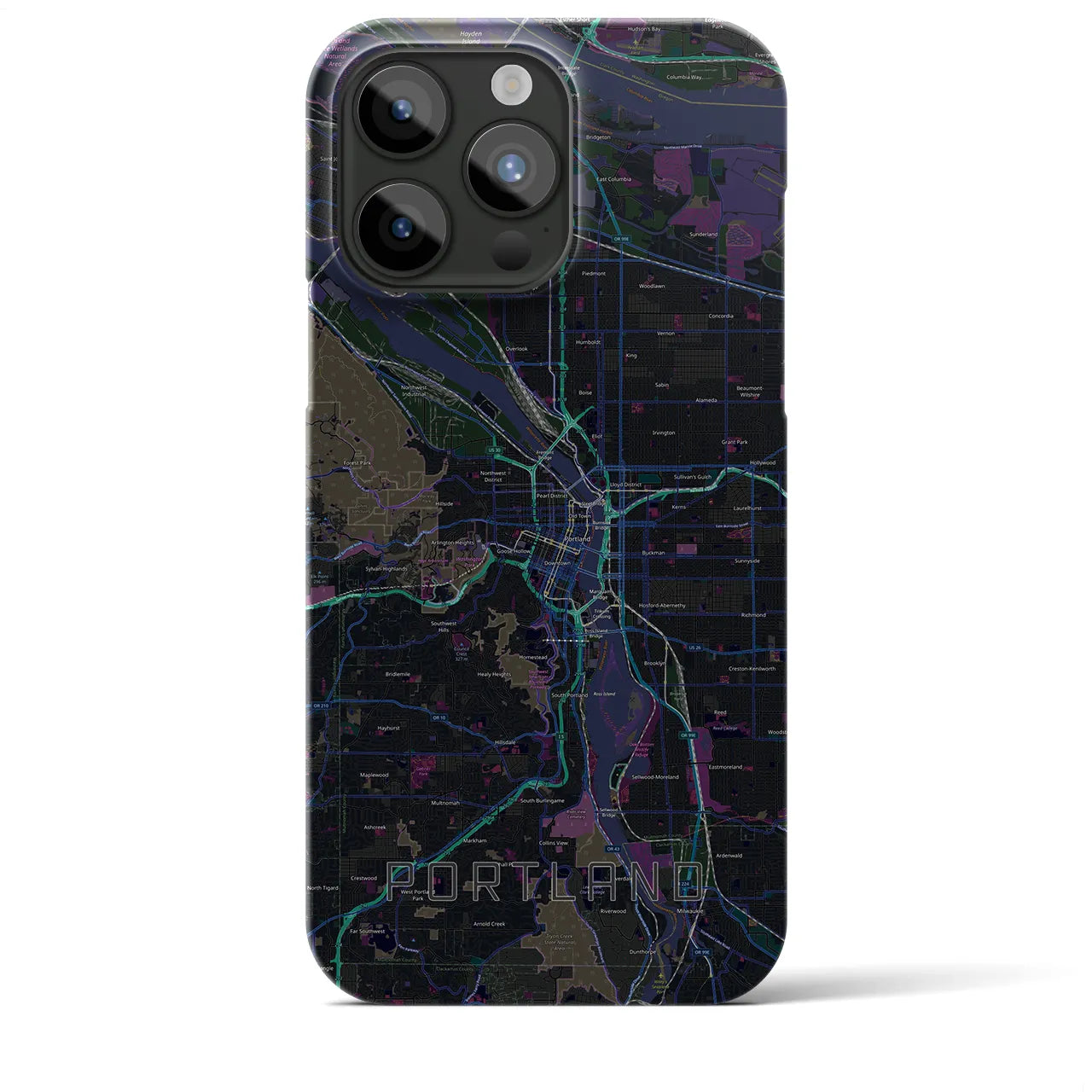 【ポートランド】地図柄iPhoneケース（バックカバータイプ・ブラック）iPhone 15 Pro Max 用