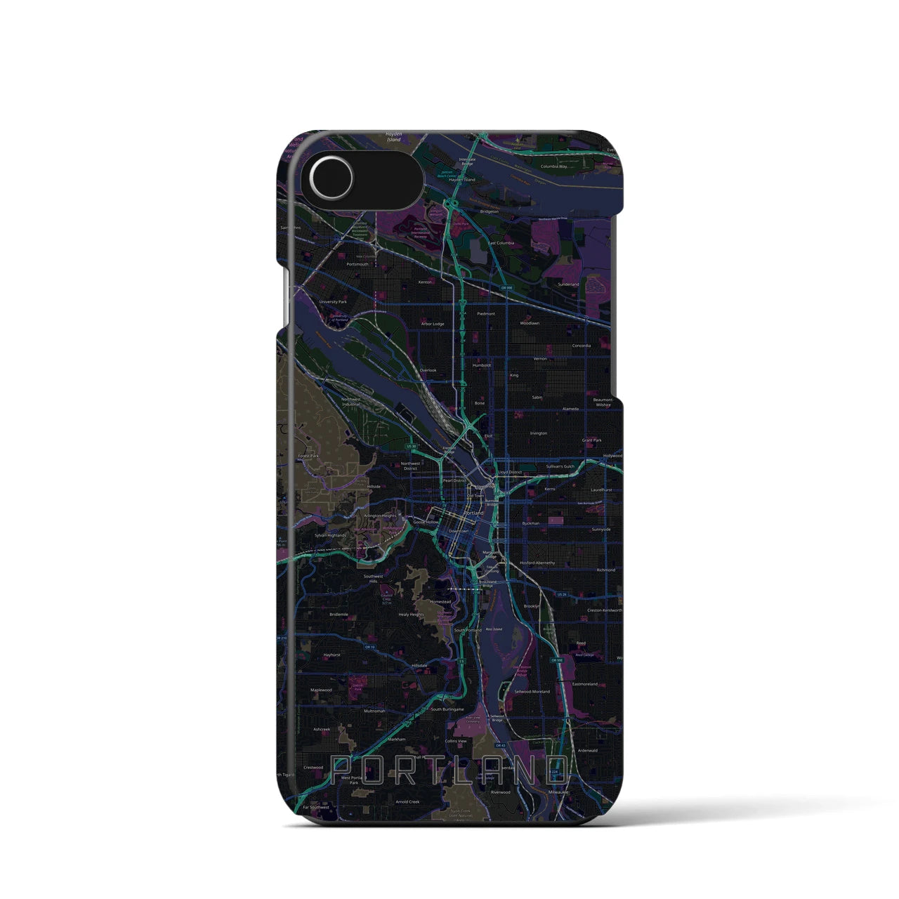 【ポートランド】地図柄iPhoneケース（バックカバータイプ・ブラック）iPhone SE（第3 / 第2世代） / 8 / 7 / 6s / 6 用