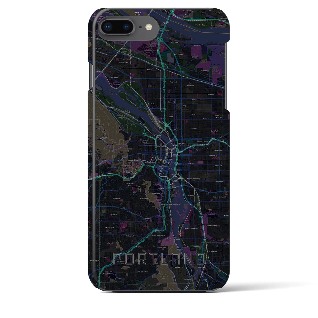 【ポートランド】地図柄iPhoneケース（バックカバータイプ・ブラック）iPhone 8Plus /7Plus / 6sPlus / 6Plus 用