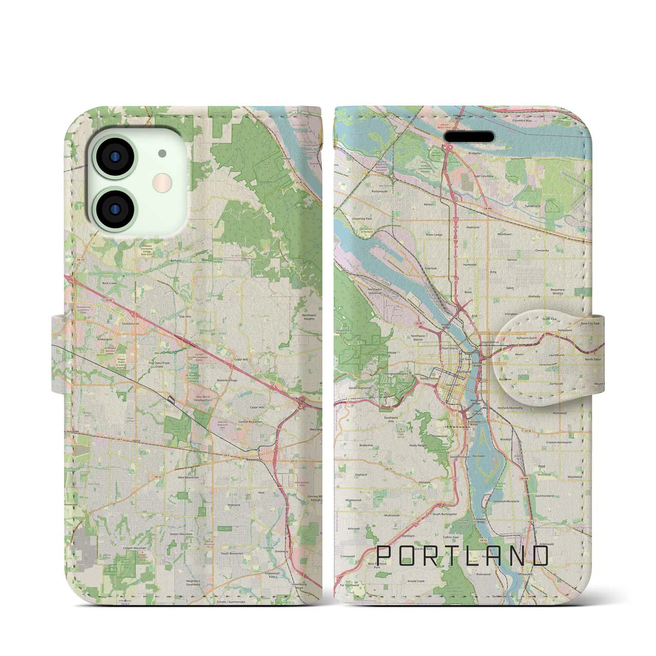 【ポートランド】地図柄iPhoneケース（手帳両面タイプ・ナチュラル）iPhone 12 mini 用