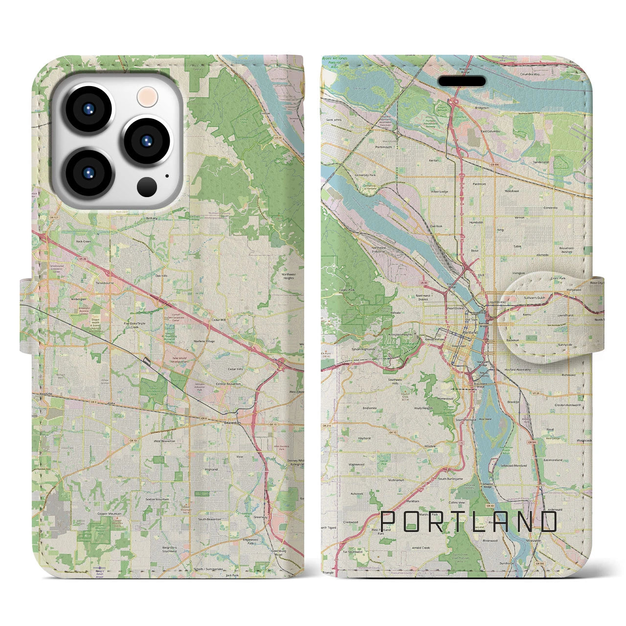【ポートランド】地図柄iPhoneケース（手帳両面タイプ・ナチュラル）iPhone 13 Pro 用