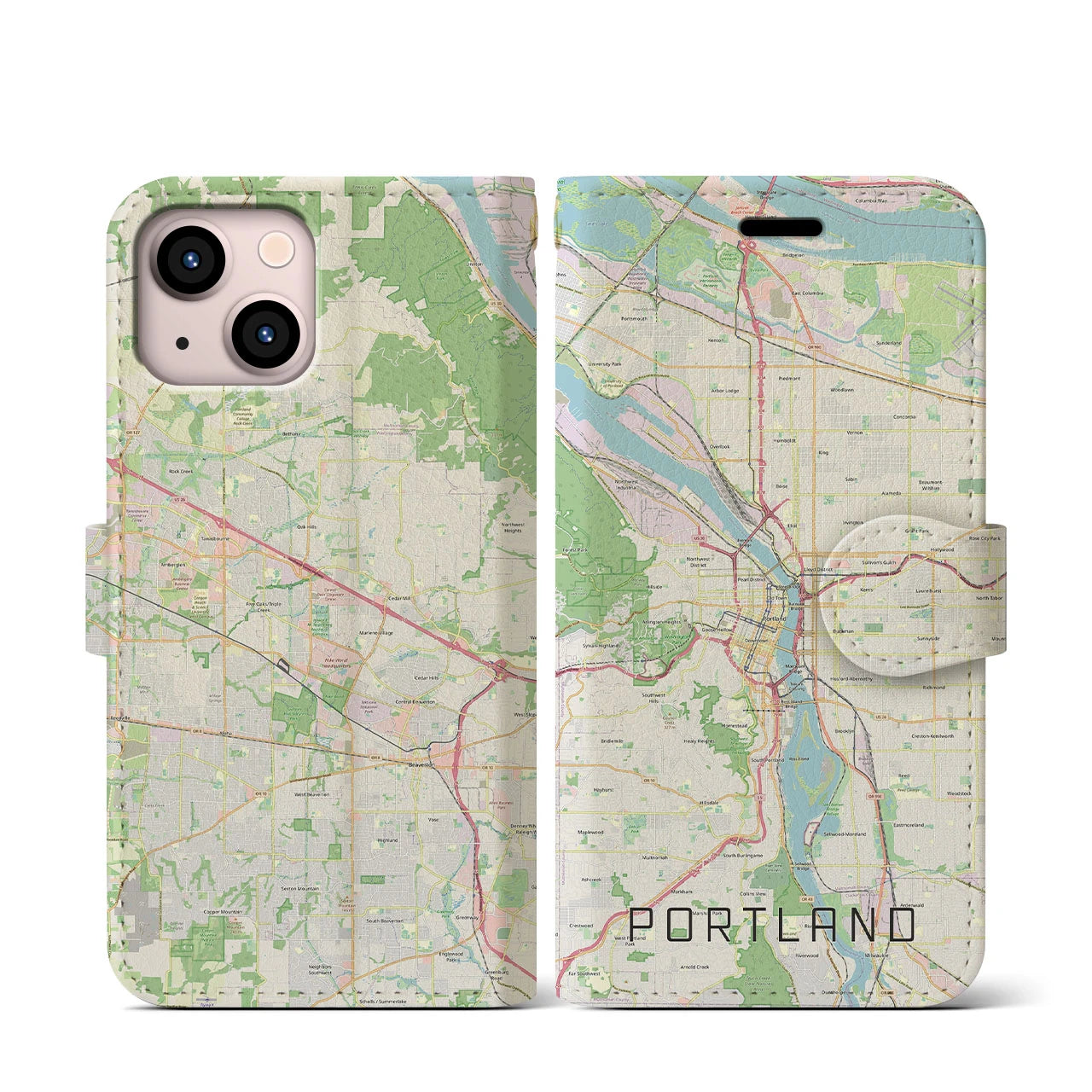 【ポートランド】地図柄iPhoneケース（手帳両面タイプ・ナチュラル）iPhone 13 mini 用