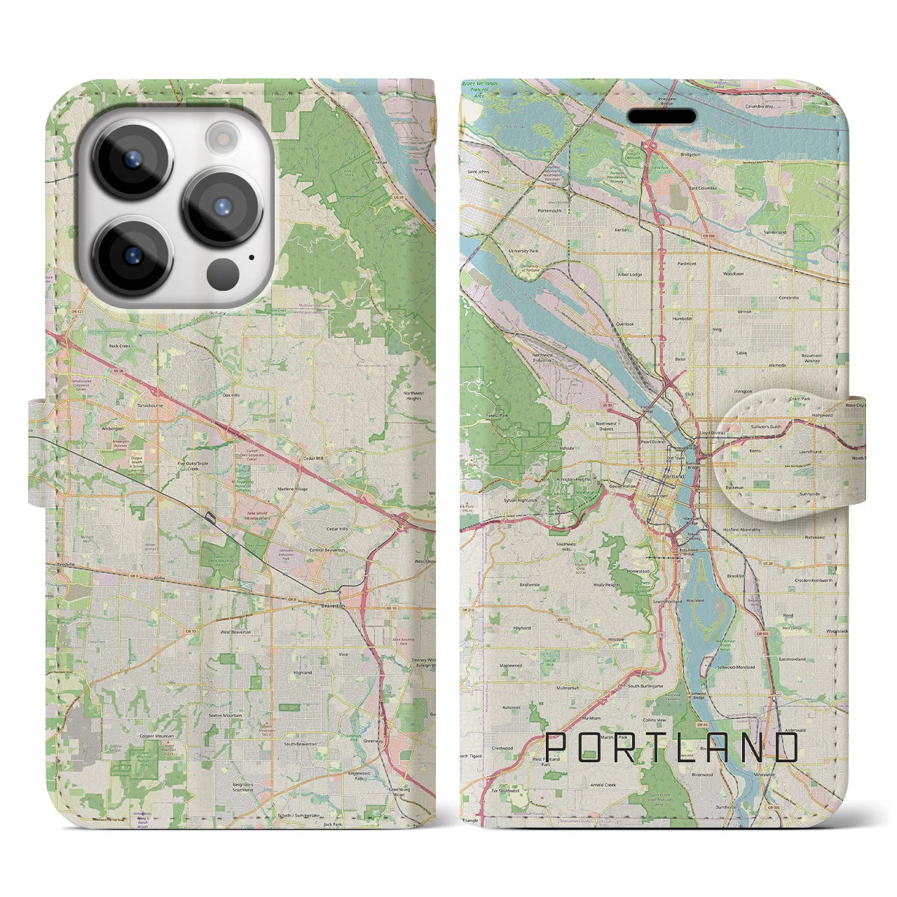 【ポートランド】地図柄iPhoneケース（手帳両面タイプ・ナチュラル）iPhone 14 Pro 用