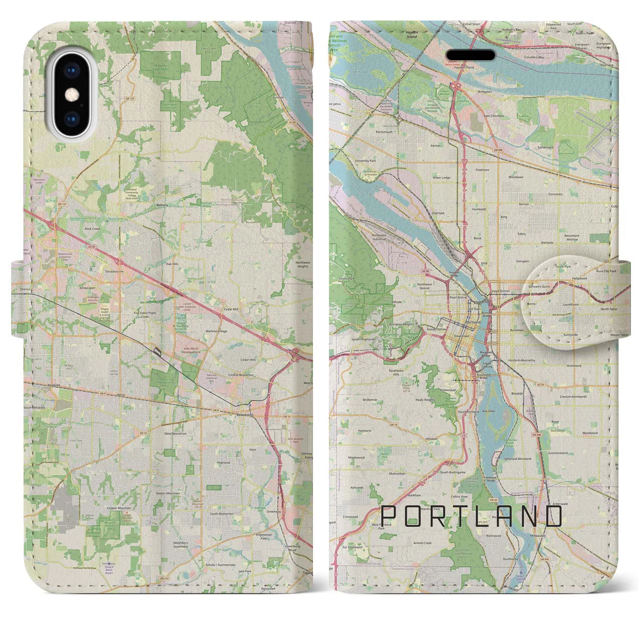 【ポートランド】地図柄iPhoneケース（手帳両面タイプ・ナチュラル）iPhone XS Max 用