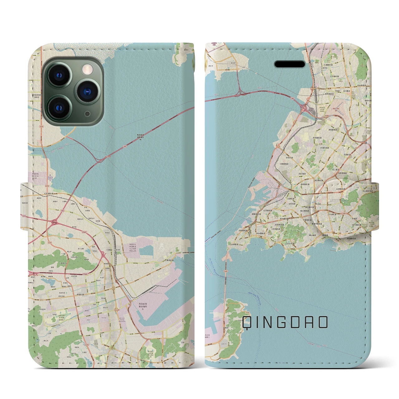 【青島】地図柄iPhoneケース（手帳両面タイプ・ナチュラル）iPhone 11 Pro 用