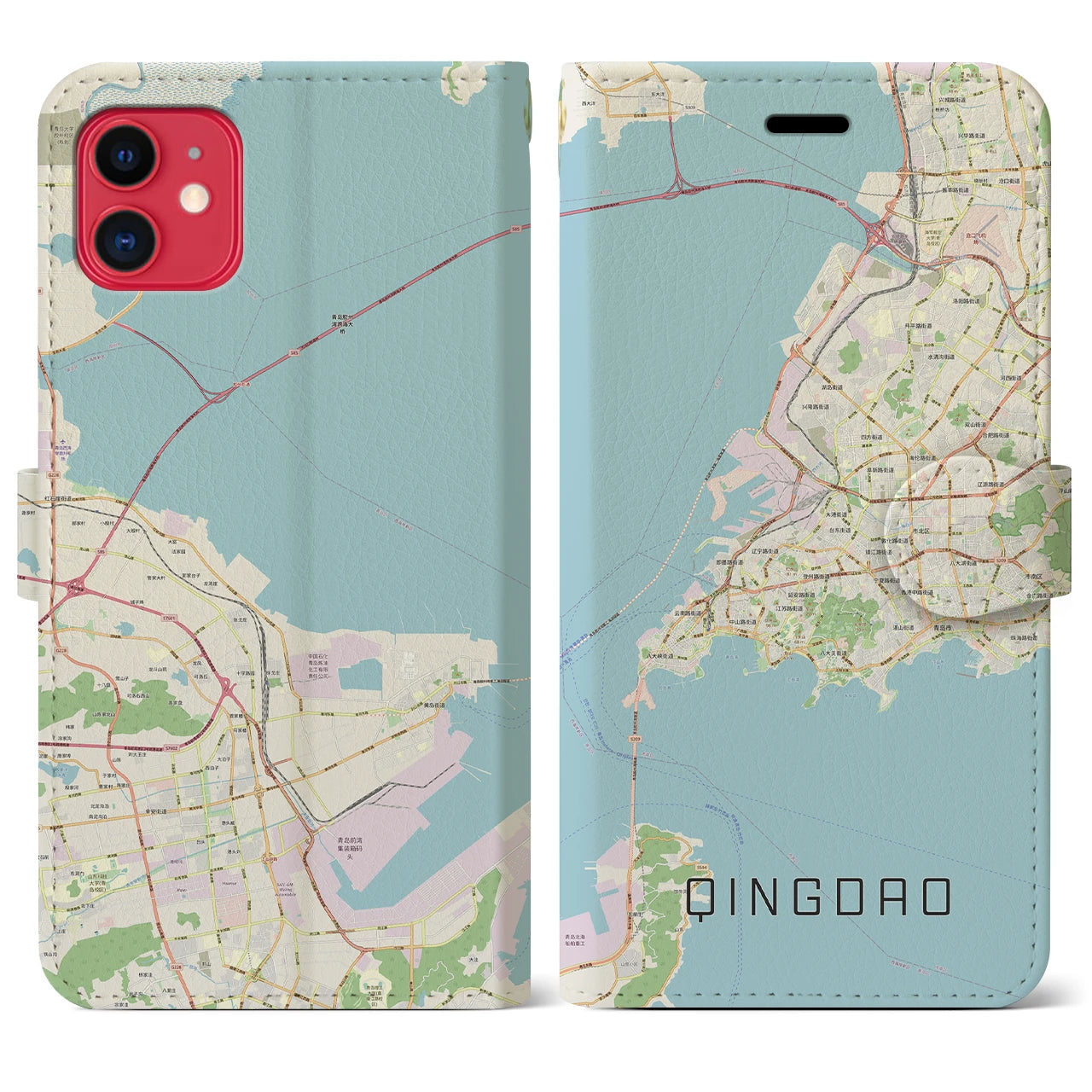 【青島】地図柄iPhoneケース（手帳両面タイプ・ナチュラル）iPhone 11 用