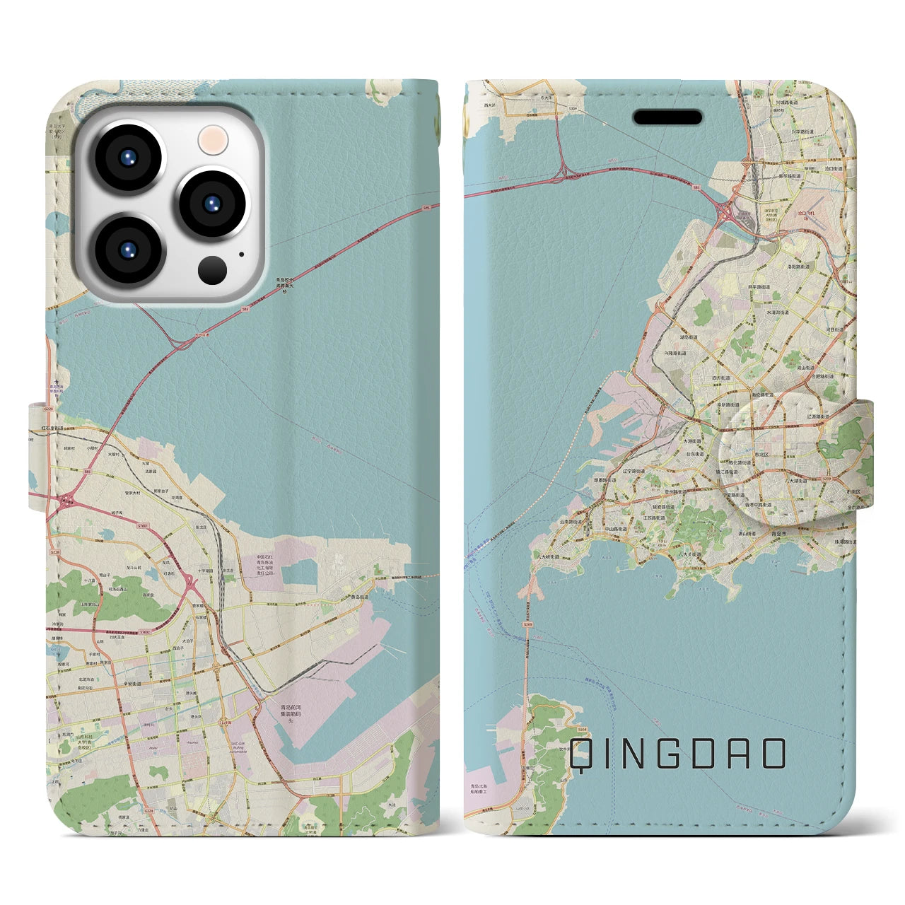 【青島】地図柄iPhoneケース（手帳両面タイプ・ナチュラル）iPhone 13 Pro 用