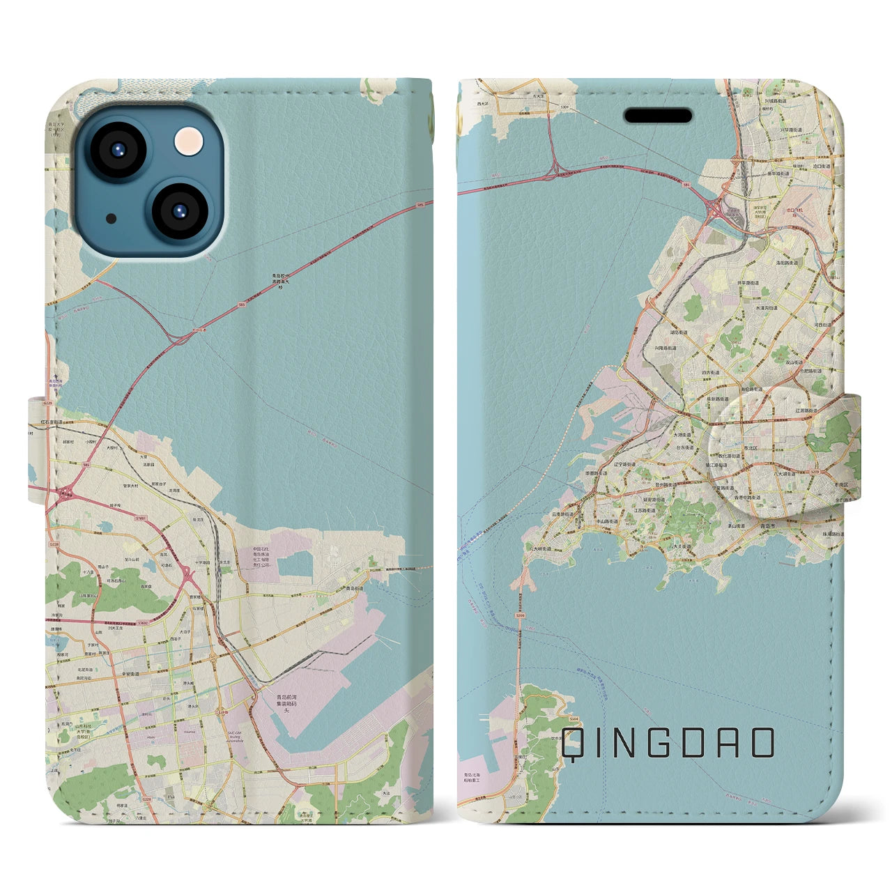 【青島】地図柄iPhoneケース（手帳両面タイプ・ナチュラル）iPhone 13 用