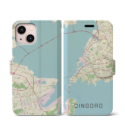【青島（中華人民共和国）】地図柄iPhoneケース（手帳タイプ）ナチュラル・iPhone 13 mini 用