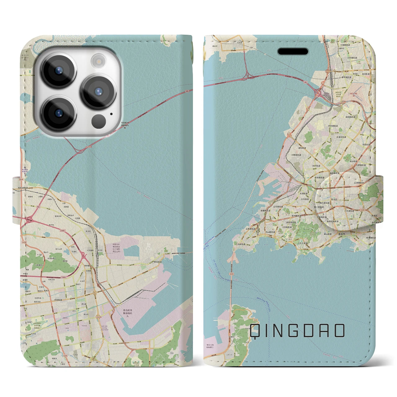 【青島】地図柄iPhoneケース（手帳両面タイプ・ナチュラル）iPhone 14 Pro 用