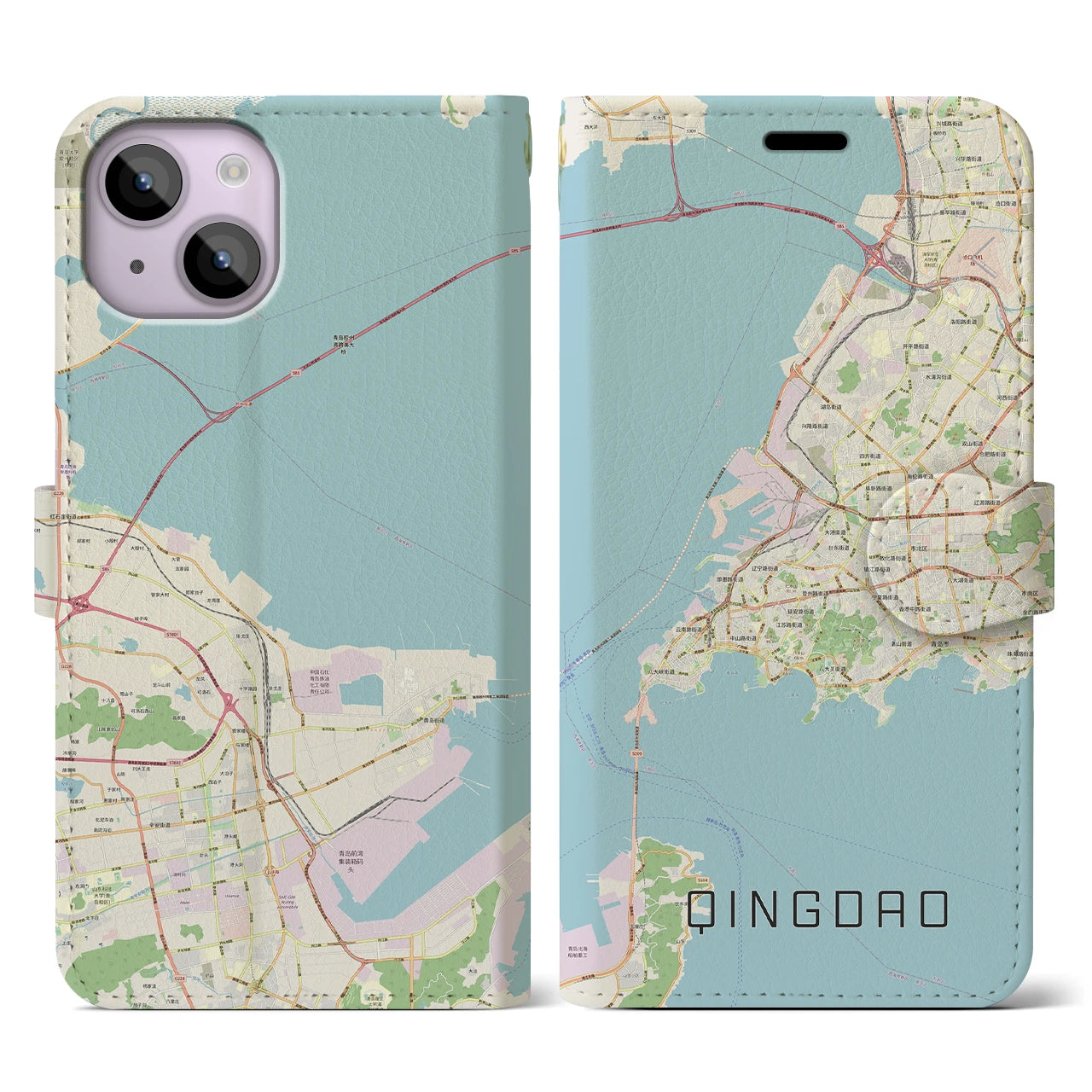 【青島】地図柄iPhoneケース（手帳両面タイプ・ナチュラル）iPhone 14 用