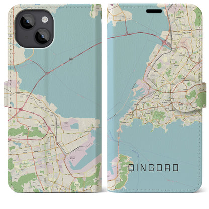 【青島（中華人民共和国）】地図柄iPhoneケース（手帳タイプ）ナチュラル・iPhone 14 Plus 用