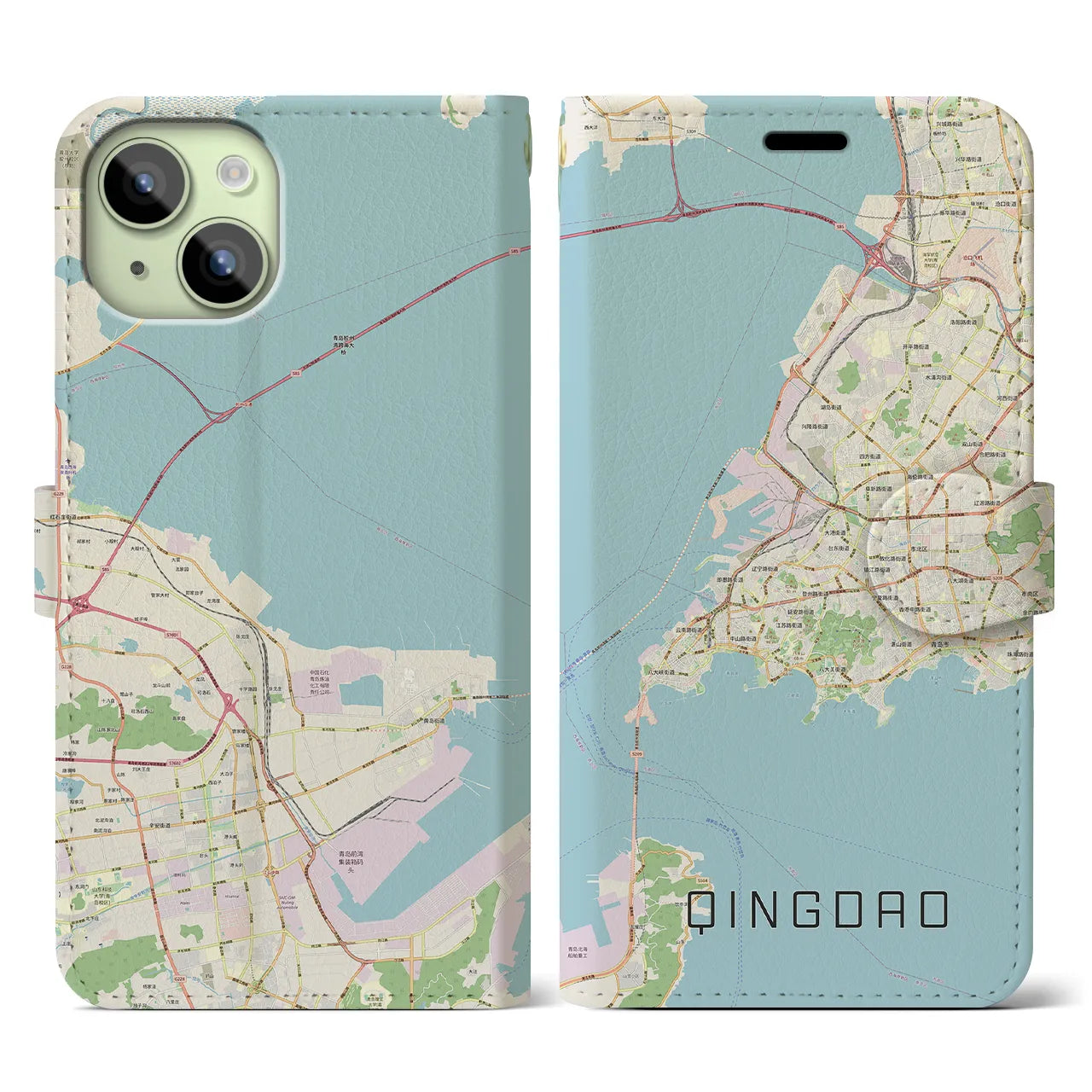 【青島】地図柄iPhoneケース（手帳両面タイプ・ナチュラル）iPhone 15 用