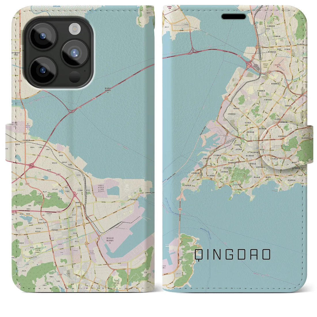 【青島】地図柄iPhoneケース（手帳両面タイプ・ナチュラル）iPhone 15 Pro Max 用