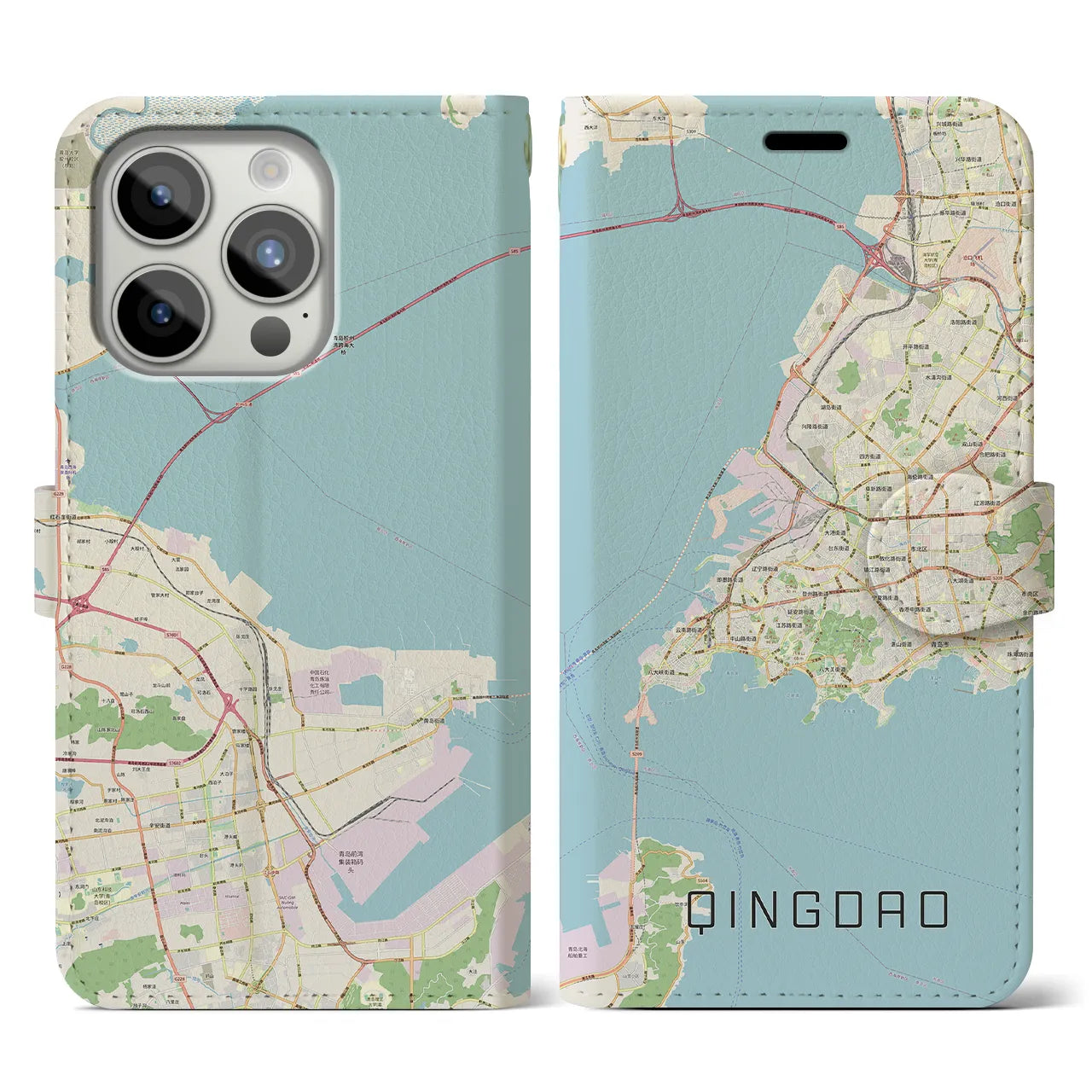 【青島】地図柄iPhoneケース（手帳両面タイプ・ナチュラル）iPhone 15 Pro 用