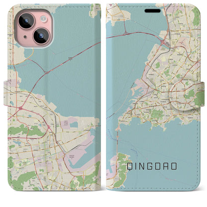 【青島（中華人民共和国）】地図柄iPhoneケース（手帳タイプ）ナチュラル・iPhone 15 Plus 用