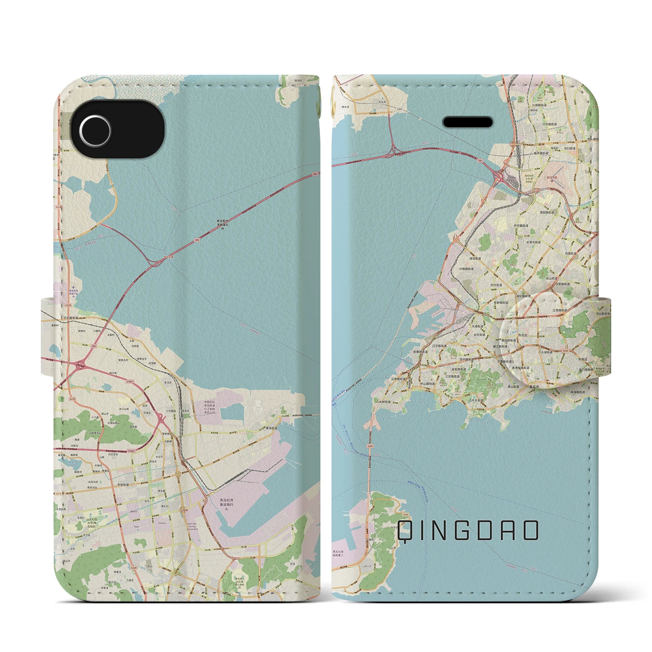 【青島】地図柄iPhoneケース（手帳両面タイプ・ナチュラル）iPhone SE（第3 / 第2世代） / 8 / 7 / 6s / 6 用