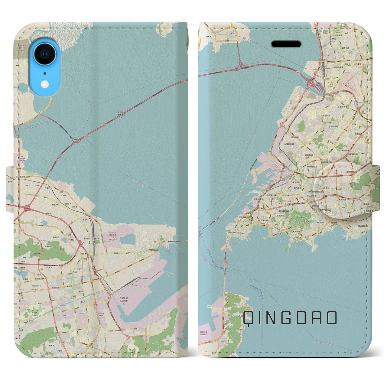 【青島】地図柄iPhoneケース（手帳両面タイプ・ナチュラル）iPhone XR 用