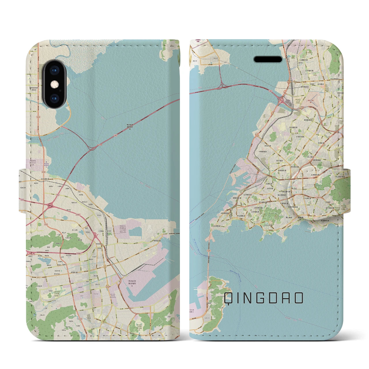 【青島】地図柄iPhoneケース（手帳両面タイプ・ナチュラル）iPhone XS / X 用