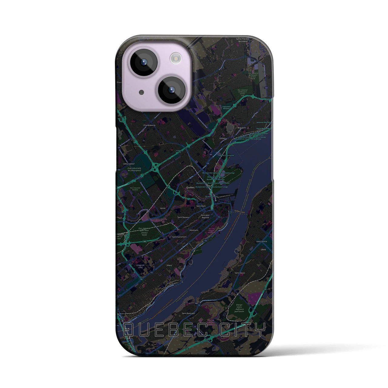 【ケベック・シティー】地図柄iPhoneケース（バックカバータイプ・ブラック）iPhone 14 用