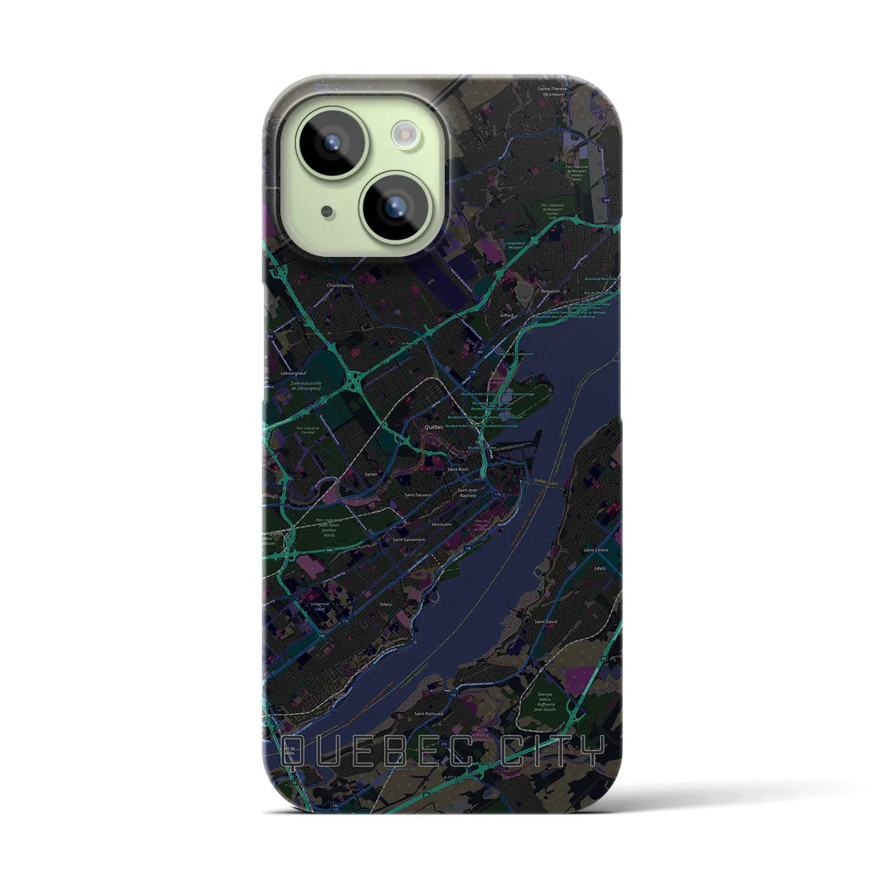 【ケベック・シティー】地図柄iPhoneケース（バックカバータイプ・ブラック）iPhone 15 用