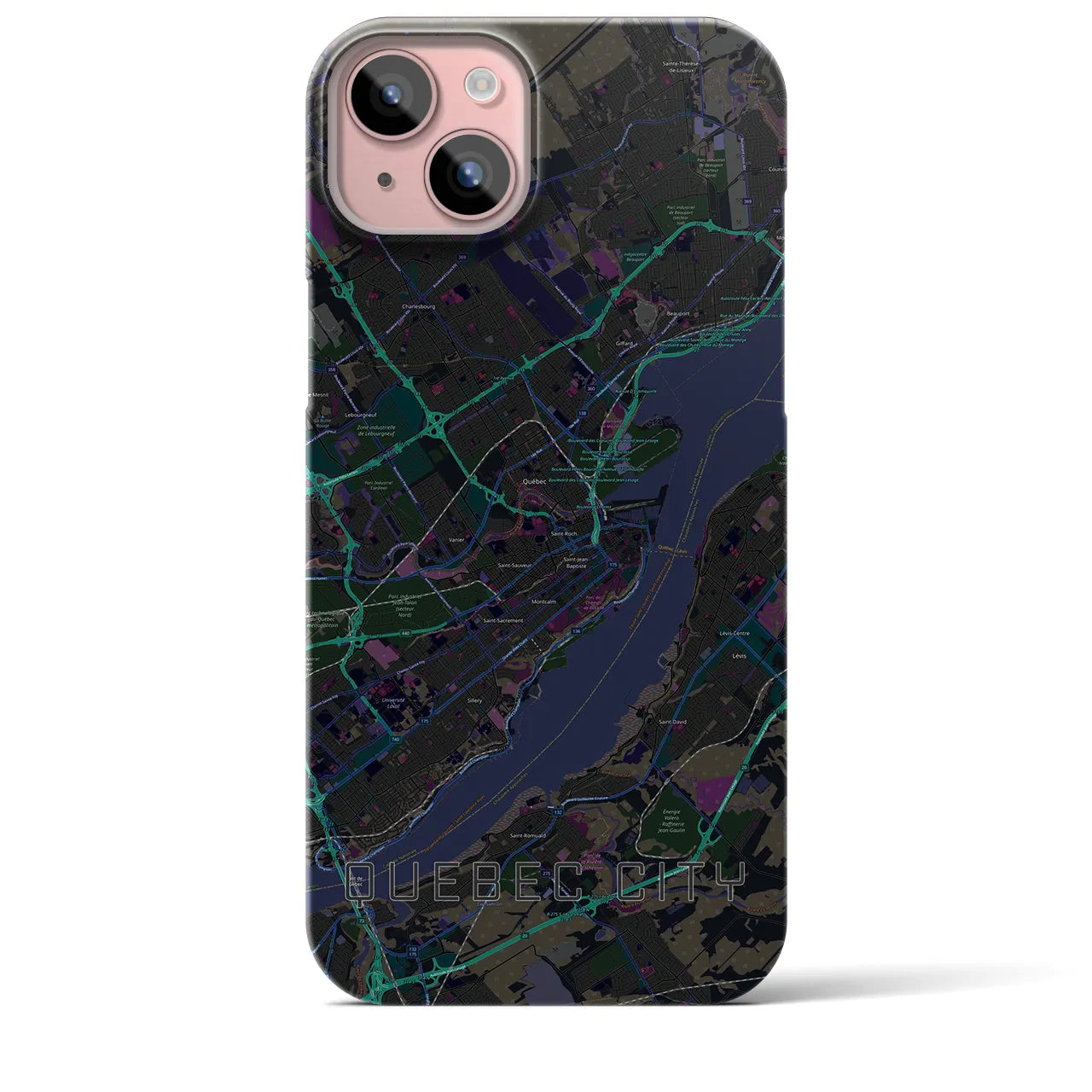 【ケベック・シティー】地図柄iPhoneケース（バックカバータイプ・ブラック）iPhone 15 Plus 用