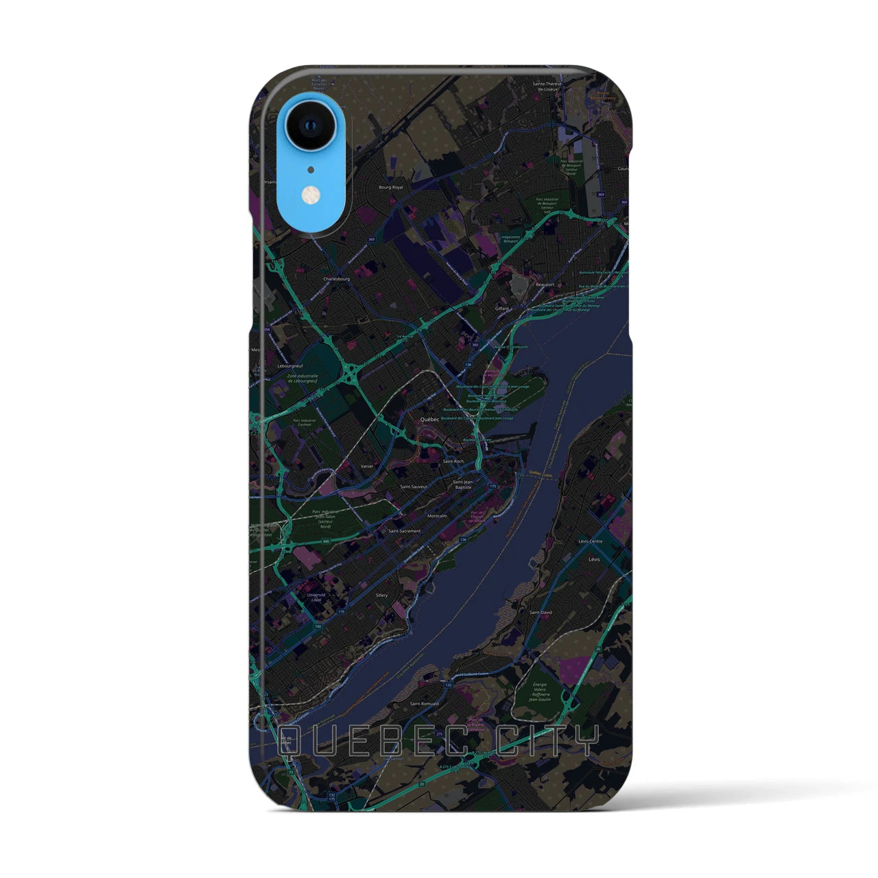 【ケベック・シティー】地図柄iPhoneケース（バックカバータイプ・ブラック）iPhone XR 用