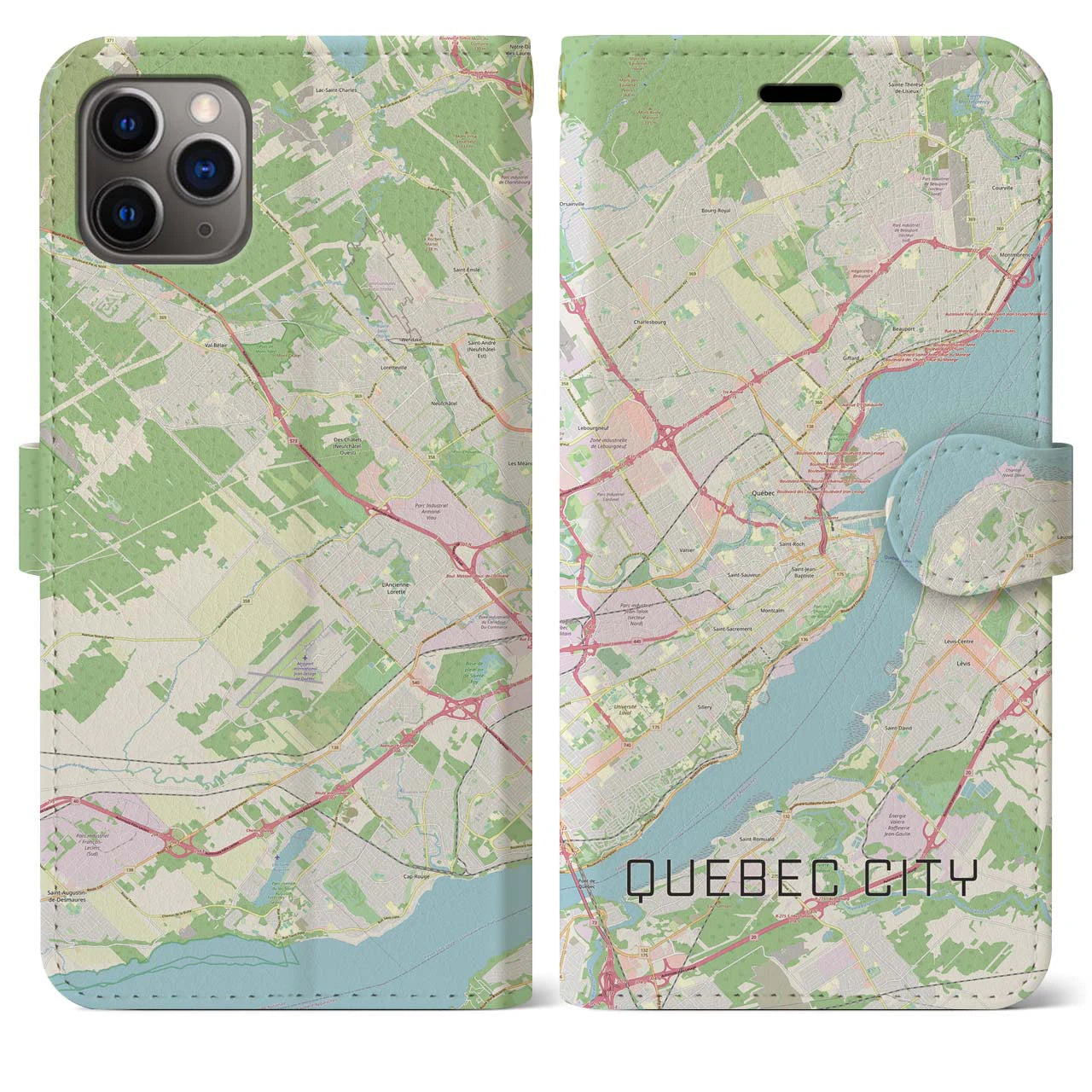 【ケベック・シティー】地図柄iPhoneケース（手帳両面タイプ・ナチュラル）iPhone 11 Pro Max 用