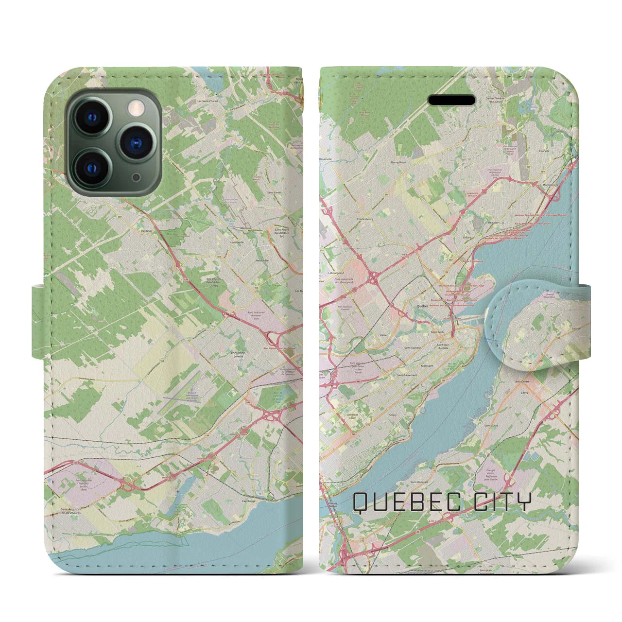 【ケベック・シティー】地図柄iPhoneケース（手帳両面タイプ・ナチュラル）iPhone 11 Pro 用