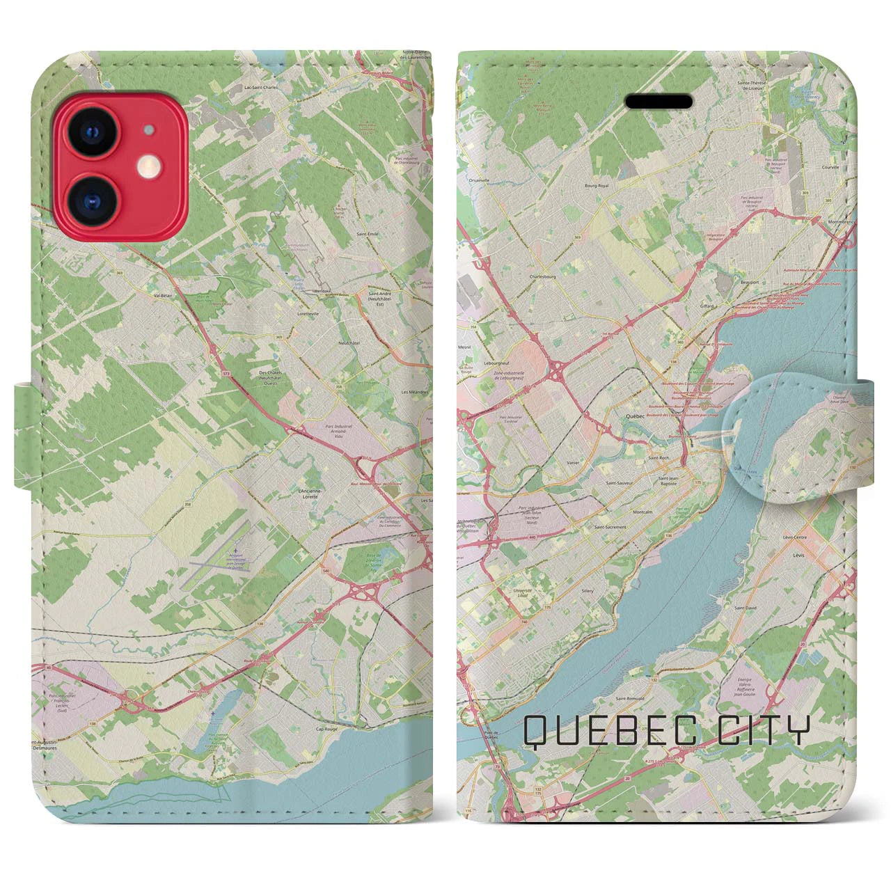 【ケベック・シティー】地図柄iPhoneケース（手帳両面タイプ・ナチュラル）iPhone 11 用