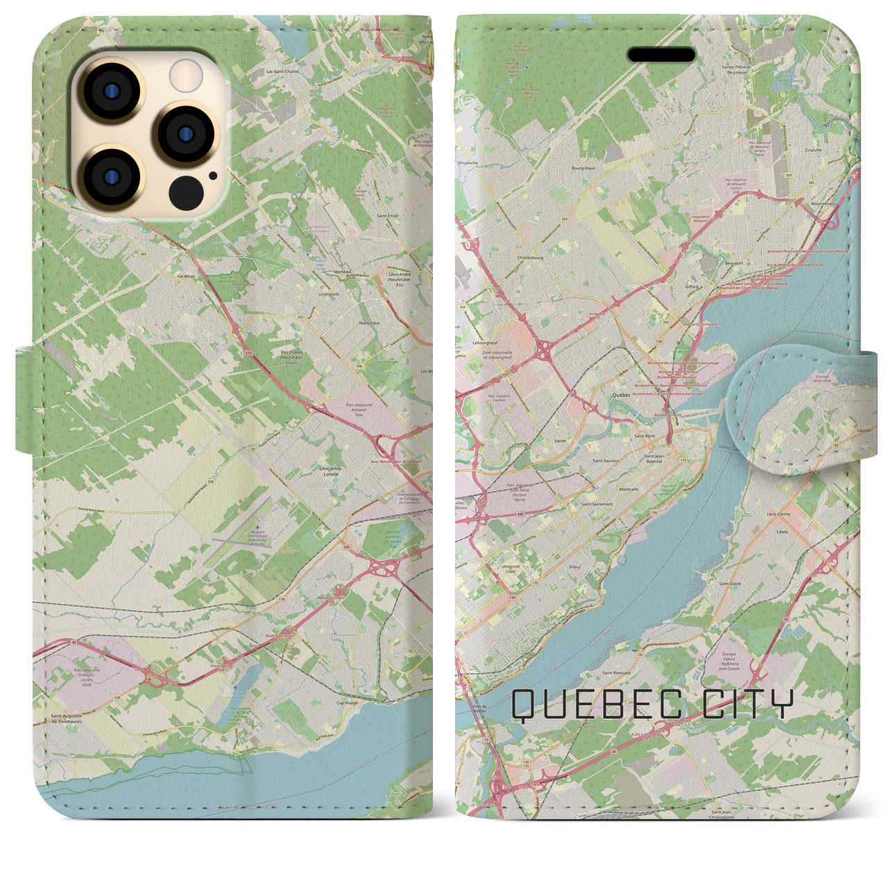 【ケベック・シティー】地図柄iPhoneケース（手帳両面タイプ・ナチュラル）iPhone 12 Pro Max 用