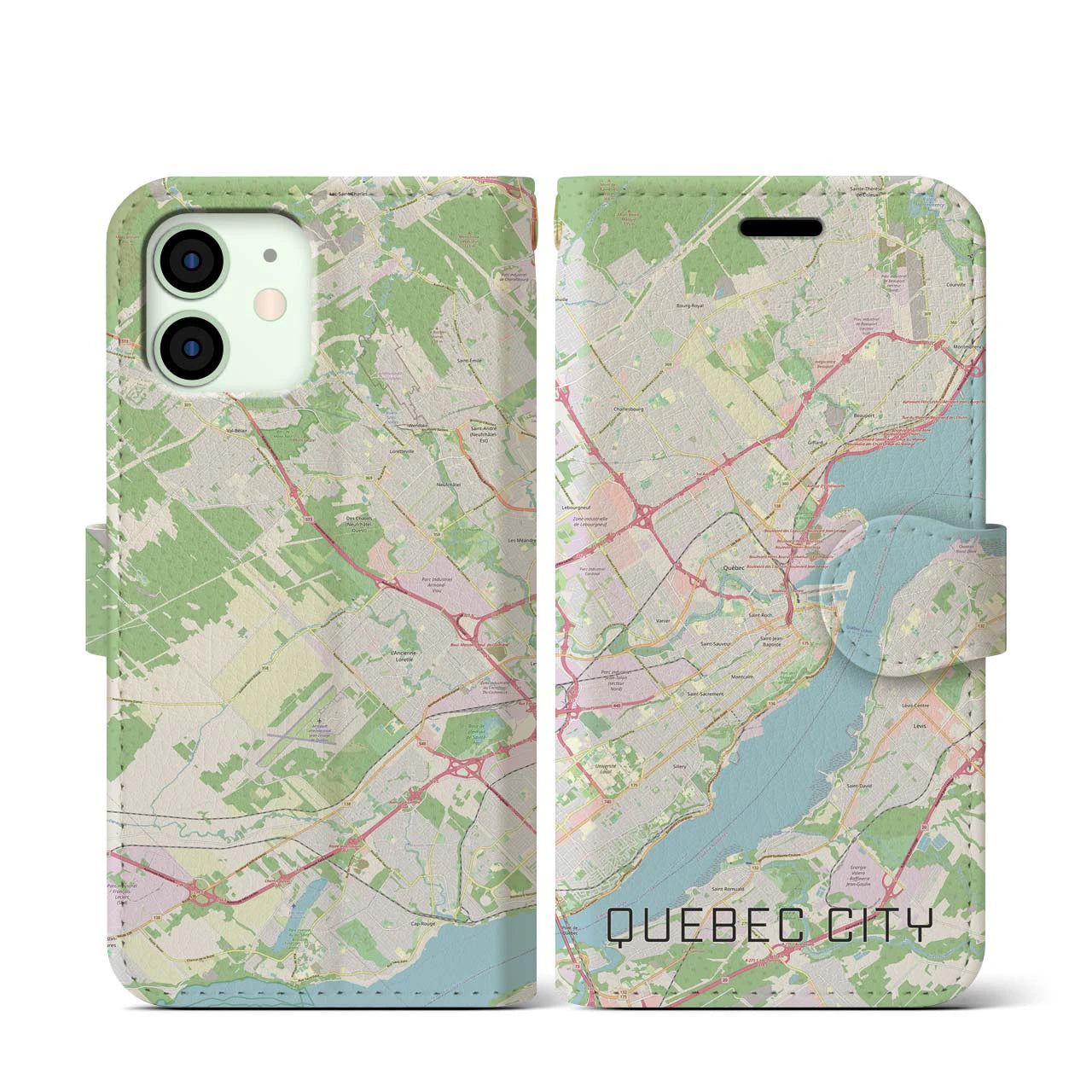 【ケベック・シティー】地図柄iPhoneケース（手帳両面タイプ・ナチュラル）iPhone 12 mini 用