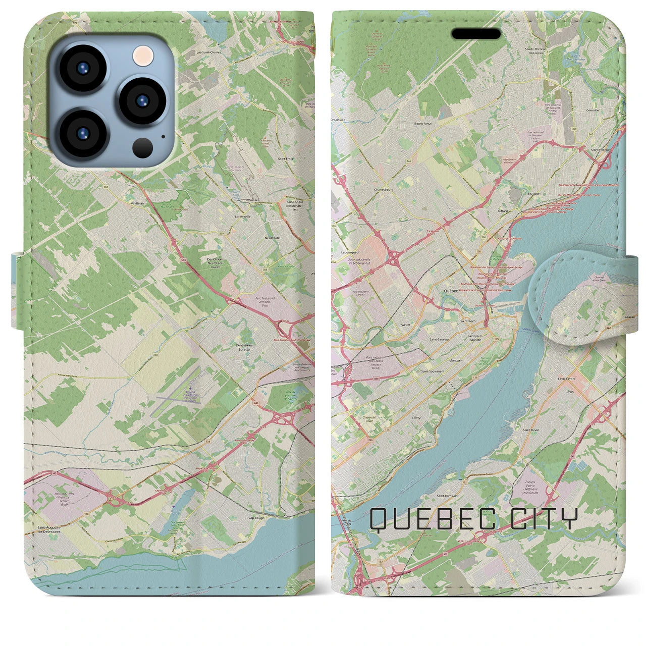 【ケベック・シティー】地図柄iPhoneケース（手帳両面タイプ・ナチュラル）iPhone 13 Pro Max 用