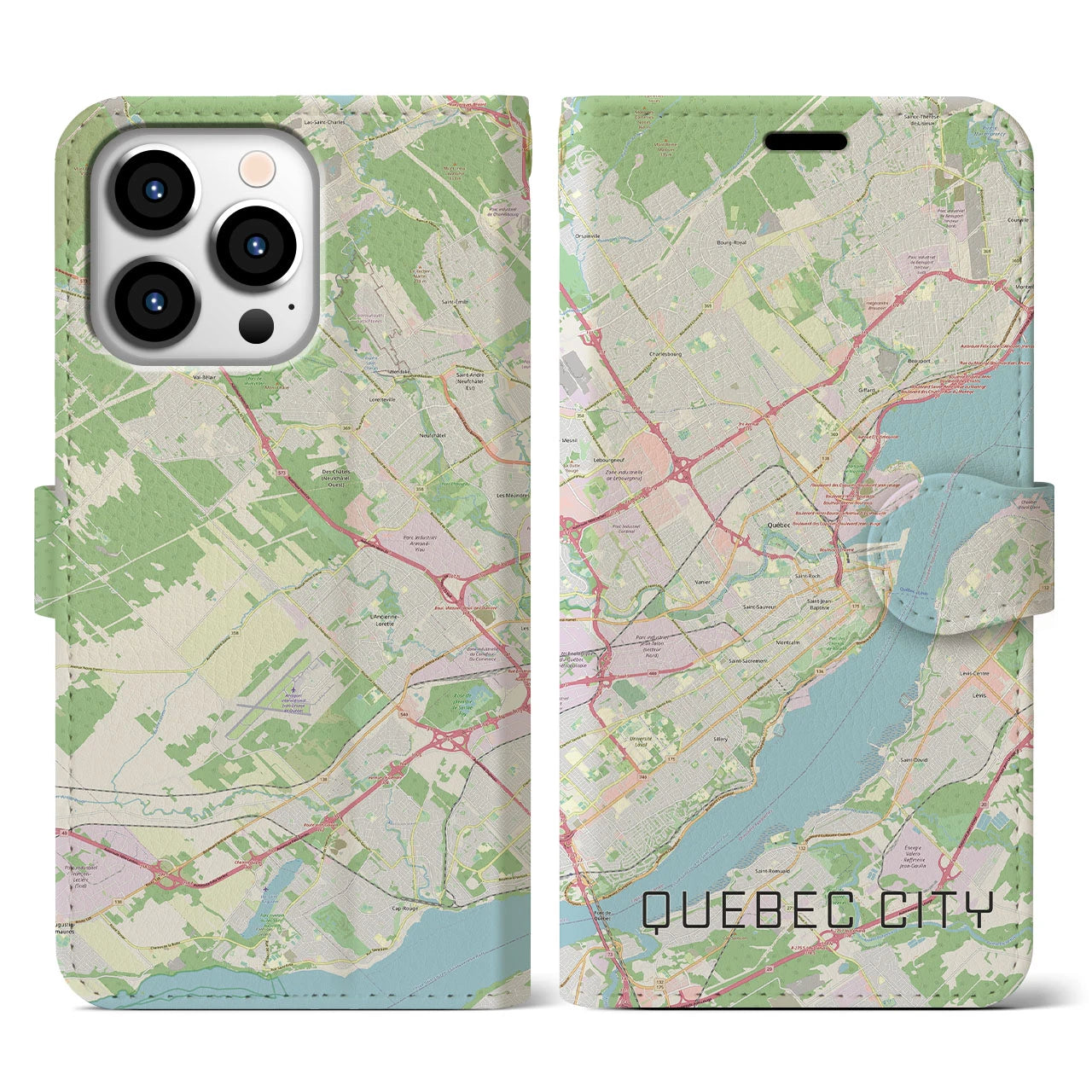 【ケベック・シティー】地図柄iPhoneケース（手帳両面タイプ・ナチュラル）iPhone 13 Pro 用