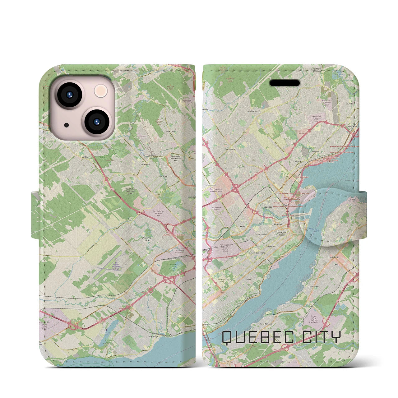 【ケベック・シティー】地図柄iPhoneケース（手帳両面タイプ・ナチュラル）iPhone 13 mini 用