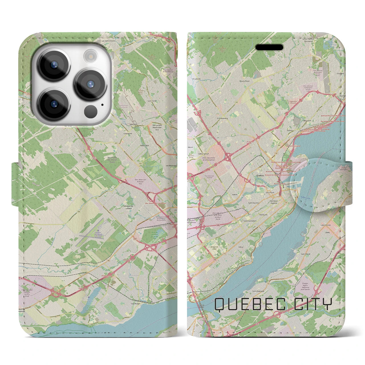 【ケベック・シティー】地図柄iPhoneケース（手帳両面タイプ・ナチュラル）iPhone 14 Pro 用