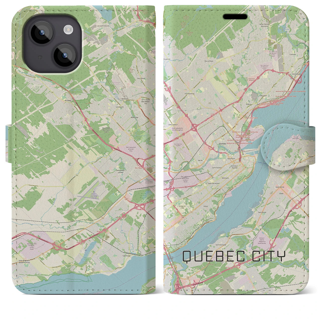 【ケベック・シティー】地図柄iPhoneケース（手帳両面タイプ・ナチュラル）iPhone 14 Plus 用