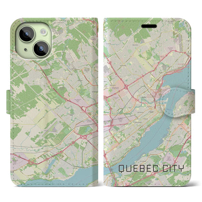 【ケベック・シティー】地図柄iPhoneケース（手帳両面タイプ・ナチュラル）iPhone 15 用