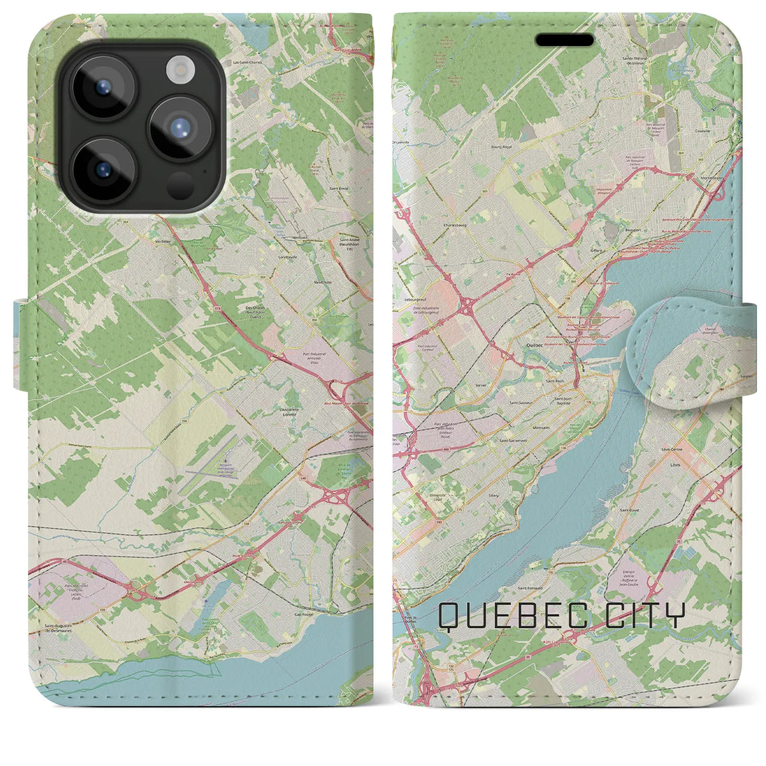【ケベック・シティー】地図柄iPhoneケース（手帳両面タイプ・ナチュラル）iPhone 15 Pro Max 用